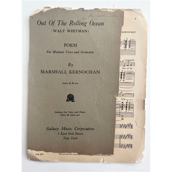 Composer John Marshall Kernochan signed Out Of The Rolling Ocean sheet music