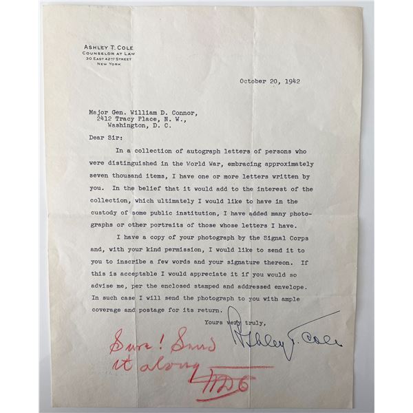 Military Officer William Durward Connor signed letter