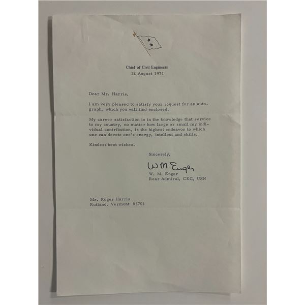 WWII US Navy Rear Admiral Walter M. Enger signed 1971 letter