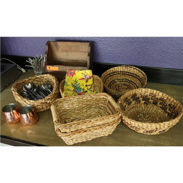 Multiple Woven Baskets, Flatware, Straws, etc Misc Sizes
