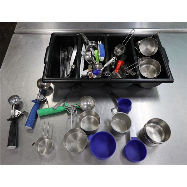 Flatware Caddy w/ Multiple Forks & Knives, Metal Measuring Cups, Ice Cream Scoops, etc
