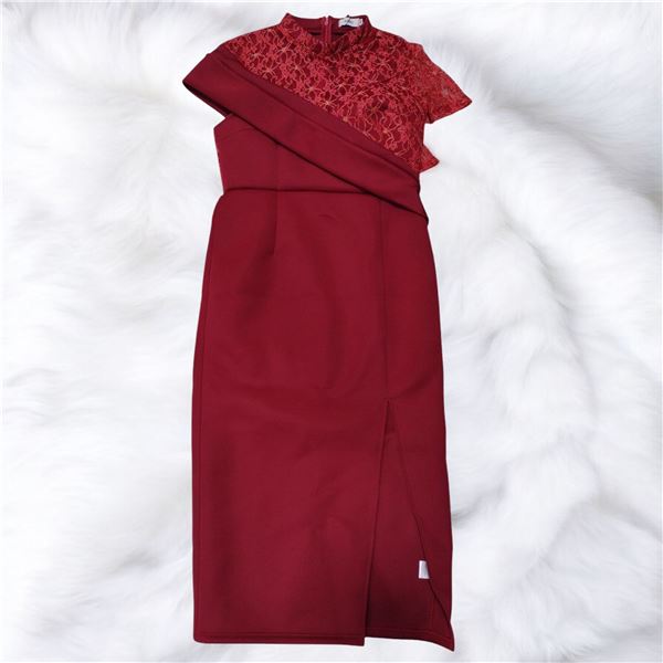 Red Net and Lacey Midi dress for Women; Party Wear with slit Size M