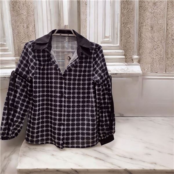 Women ice blue Denim skirt midi with black and greycheck Shirt Size M