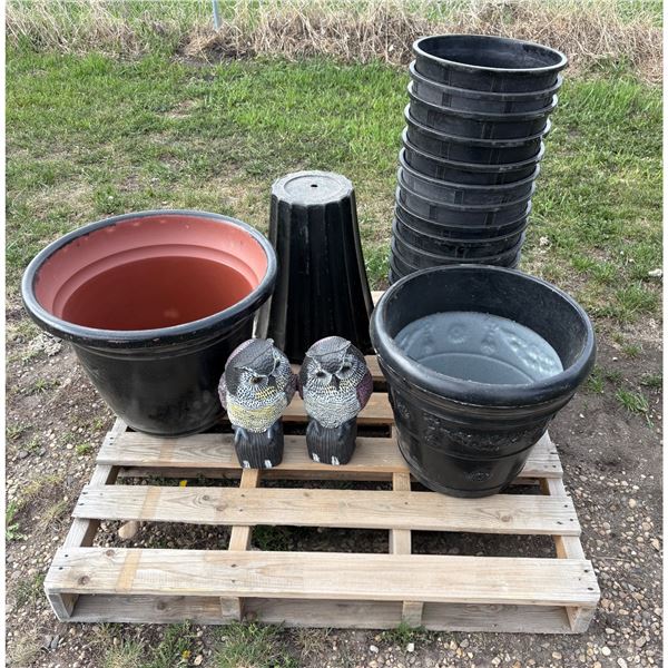 Pallet of Assorted Pots and 2 Owls