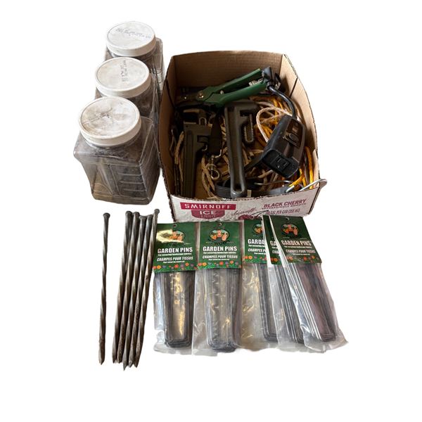 Box of Pipe Wrenches and Misc - Garden Pins - Spikes - Pruner