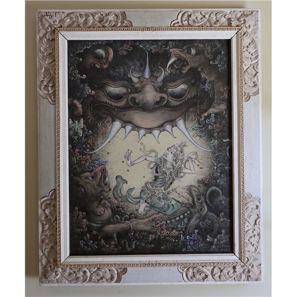 Balinese Painting on Canvas Signed by I. Kt. Budiana, Padang Tegal, Ubud, Wood Framed 26" x 32"