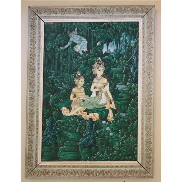 Balinese Painting on Canvas Signed by Tjokorda Anom Warddhana, Wood Framed 24" x 33"