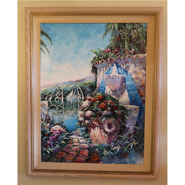 Blue Fountain Melody Oil Painting on Canvas Signed by Marko Mavrovic, Framed 44" x 56"