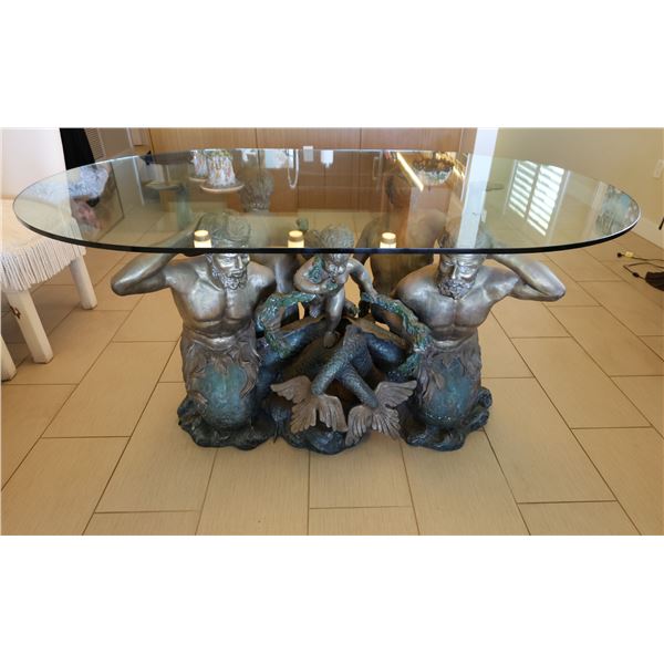 Oval Table w/ Sculptured Base by S. Keliam of 4 Mer-men & 2 Mer-child Figures 67" x 42" x 30"H