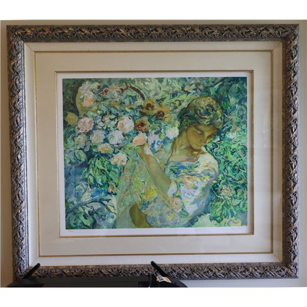 Joven con Cesto de Flores Serigraph on Paper Limited Edition 221/250 by José Royo, Wood Framed 28" x