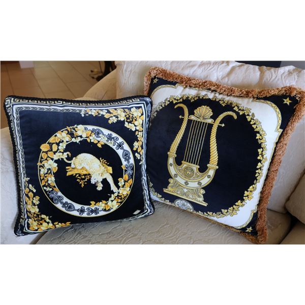 Qty 2 Decorative Throw Pillows: Leopard & Gilded Lyre 20" & 17" Diagonal