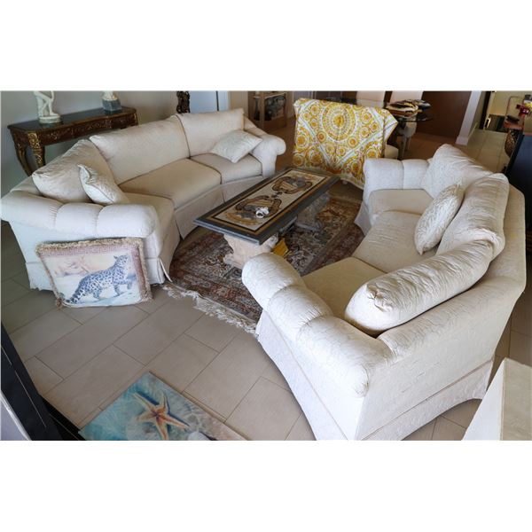 Qty 2 White Curved 3-Seat Upholstered Sofa Sections w/ Back & Throw Cushions 105"L x 21" x 32"H