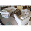 Image 1 : Qty 2 White Curved 3-Seat Upholstered Sofa Sections w/ Back & Throw Cushions 105"L x 21" x 32"H