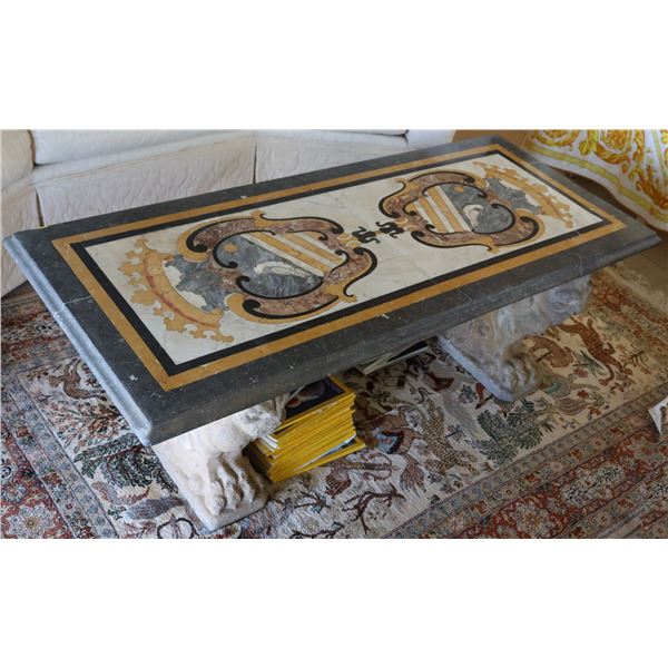 Vintage Italian Pietra Dura Marble-Top Table on Carved European Stone Base 56" x 23" x 18"H