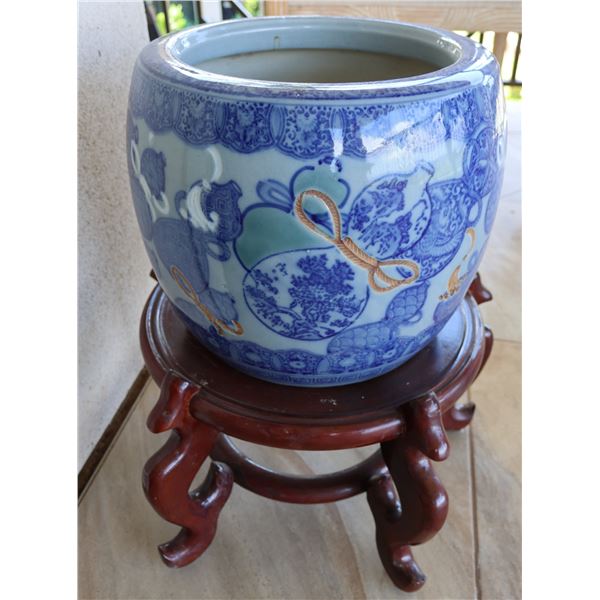 Asian Motif Planter Pot on Wooden Stand 11" Dia, 20"H