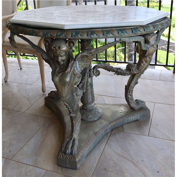 Baroque Revival Style Table w/ Sculptured Winged Figures Base & Floral Top 38" Dia, 33"H