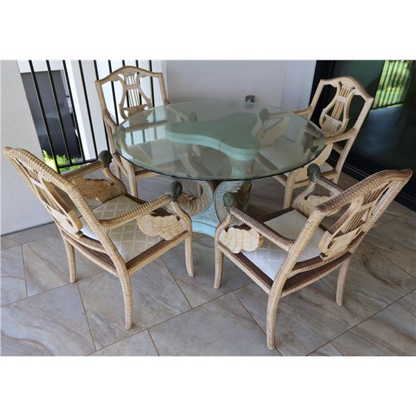 Round Outdoor Table w/ Glass Top, Sculptured Fish Base 48" Dia, 29"H & 4 Wicker Chairs