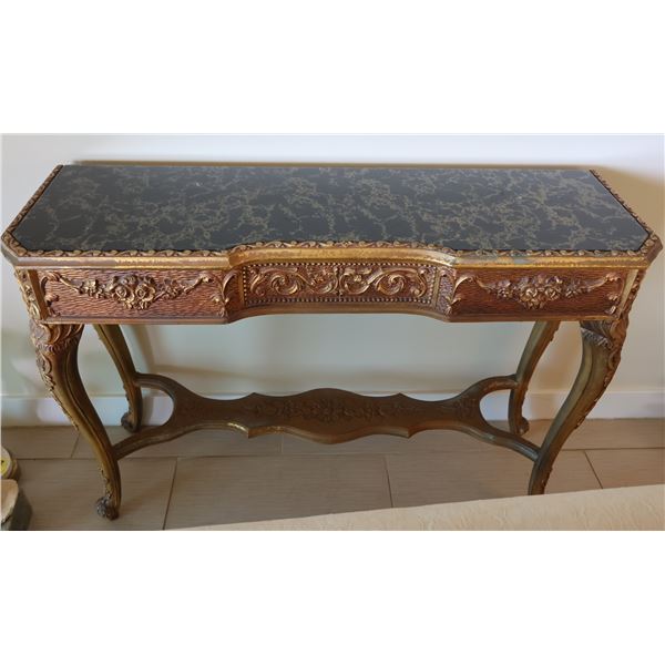 French Rococo-Style Carved & Gilded Wood Console Table w/ Stone Top 14" x 13" x 34"H