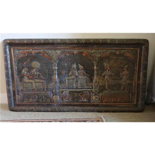 Egyptian-Style Rectangular Copper Relief Plaque Depicting a Tripartite Scene w/ Hammered Hieroglyphs