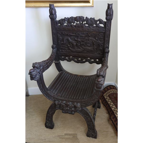 Vintage Chinese Dark Hardwood Carved Throne-Style Chair w/ Curved Slatted Seat, Owl & Dragon Motif 2