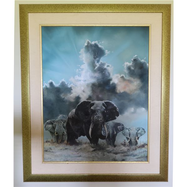 Elephants Dutch Oil Painting on Canvas by Mark Van Den Eschen, Framed 28" x 36"