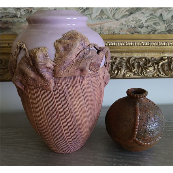 Qty 2 Ceramic Urns: Geometric & Leaf Design, Misc Sizes