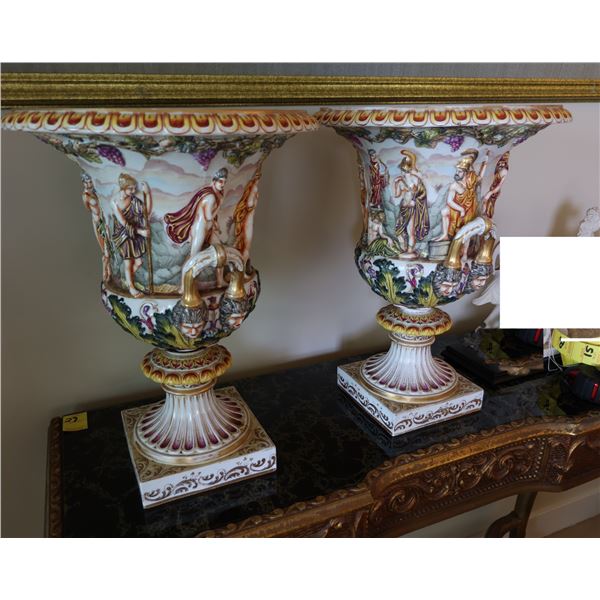Qty 2 Vintage Italian Porcelain Footed Vases by Capodimonte 13" Dia, 18"H