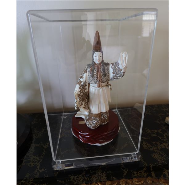 Asian Male Figurine in Display Case 8" x 8" x 13"H