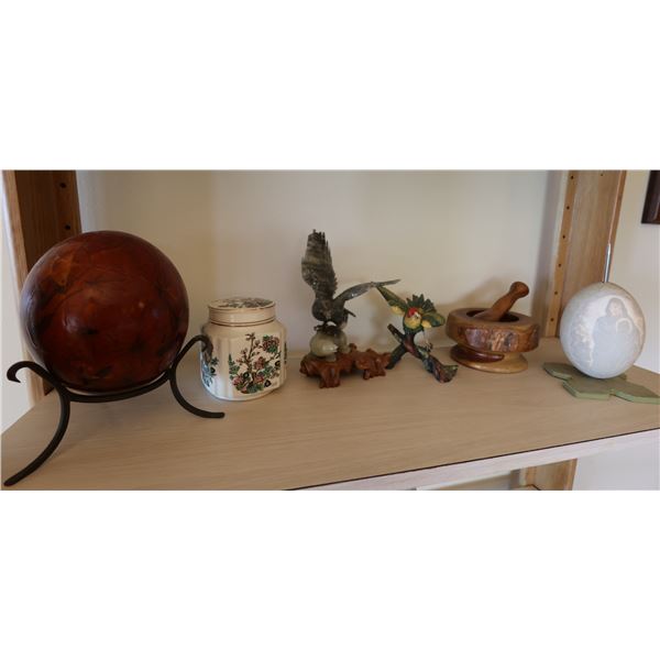 Misc Décor: Wooden Mortar & Pestle, Carved Birds, Floral Jar, etc Misc Sizes
