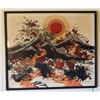 Image 1 : Japanese Abstract Batik Volcanos on Fabric Signed Azochi S, Framed 35" x 30"