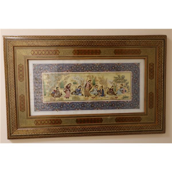 Persian-Style Dancing Figures, Miniature Painting on Paper, Framed 31" x 18"