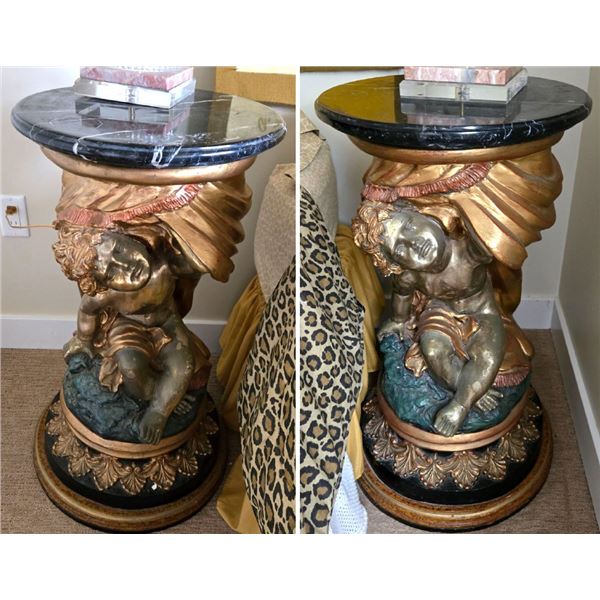 Qty 2 Pedestal Display Stands w/ Cherub Bases & Marble Tops 16" x 32"