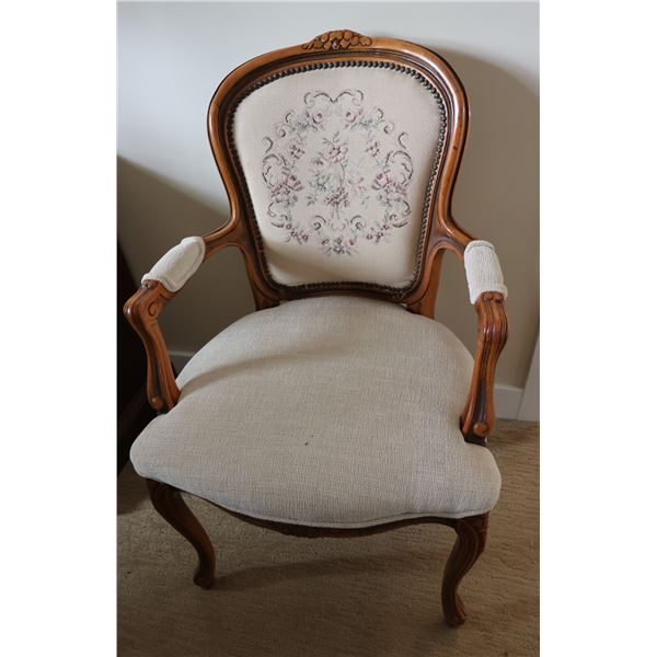Carved French-Style Open Armchair w/ Cabriole Legs & Tapestry Floral Fabric 22" x 18" x 38"H