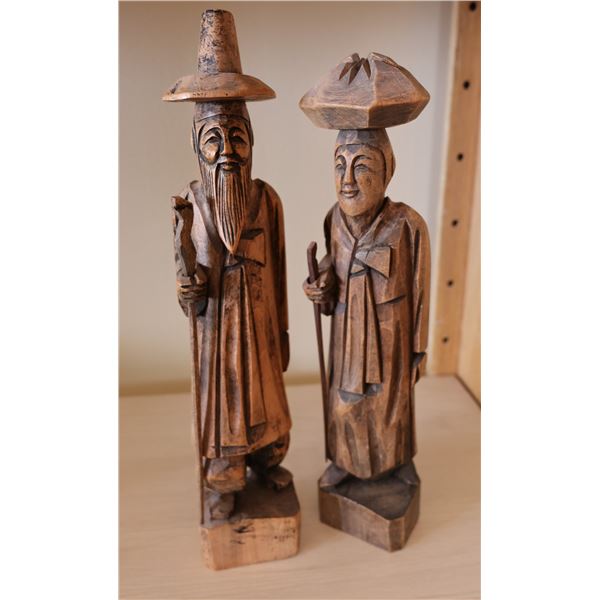 Qty 2 Asian Carved Wooden Figures Approx. 10"H