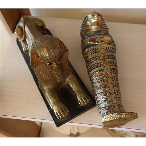 Qty 2 Egyptian Décor: Sphinx & Isis Metal Figurines, Misc Sizes