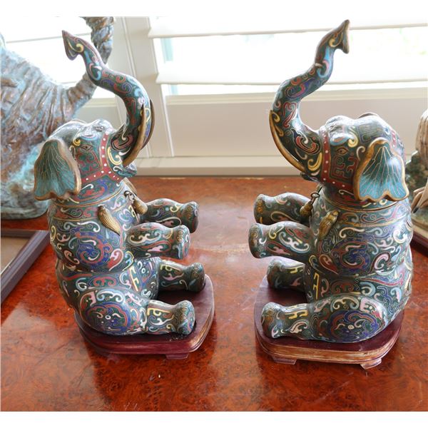 Qty 2 Contemporary Chinese Cloisonné Enamel Seated Elephant Lidded Boxes/Bookends 12"H