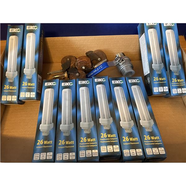 Light bulbs and 4 antique dresser wheels