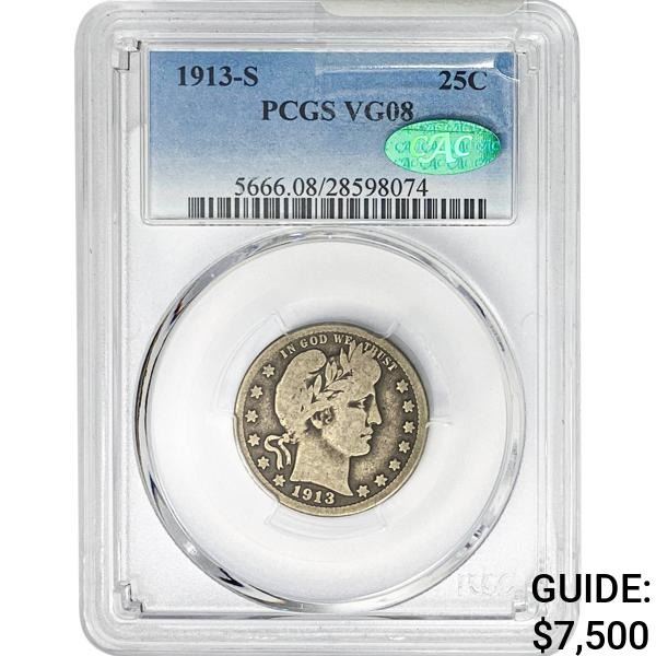 1913-S CAC Barber Quarter PCGS VG08