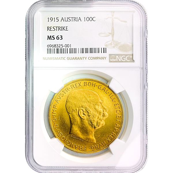 1915 Austria Gold 100 Corona 0.9802oz NGC MS63 Restrike
