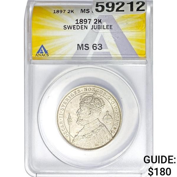 1897 2 Kronor Sweden Jubilee ANACS MS63