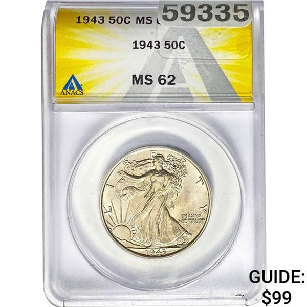 1943 50C Walking Liberty Half ANACS MS62