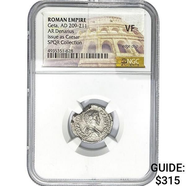 Roman Geta, AD 209-211 Silver Denarius NGC VF