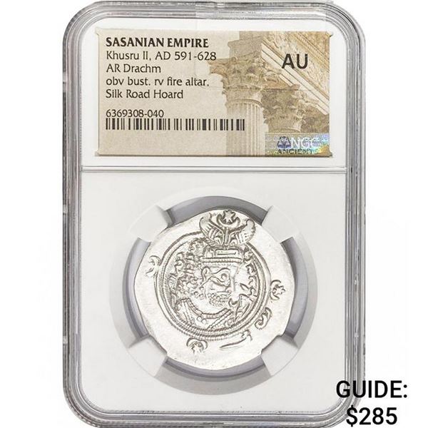 Sasanian Khusru II, AD 591-628 Silver Drachm NGC