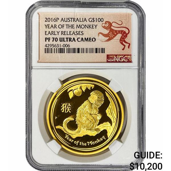 2016P Australia 1oz Gold $100 Monkey NGC PF70 UC