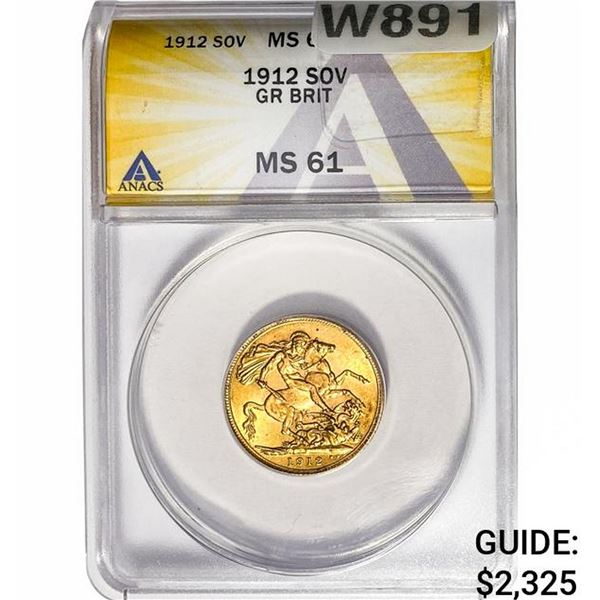 1912 G. Britain .2355oz Gold Sovereign ANACS MS61