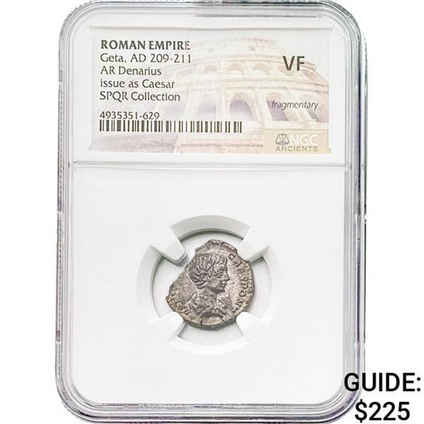 Roman Geta, AD 209-211 Silver Denarius NGC VF