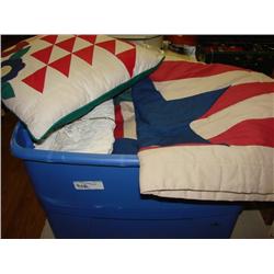 Plastic tote FULL of linens, pillows, variety!