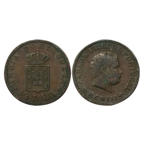 Indo Portuguese, Carlos I (1889-1908 AD), Copper 1/4 Tanga, 6.46 gms.