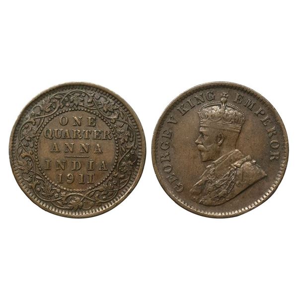 George V, 1911, Quarter Anna, 4.81 gms, Calcutta Mint.