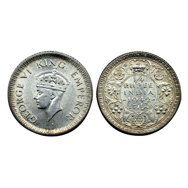 George VI, 1942, Silver ¼ Rupee, Calcutta Mint.